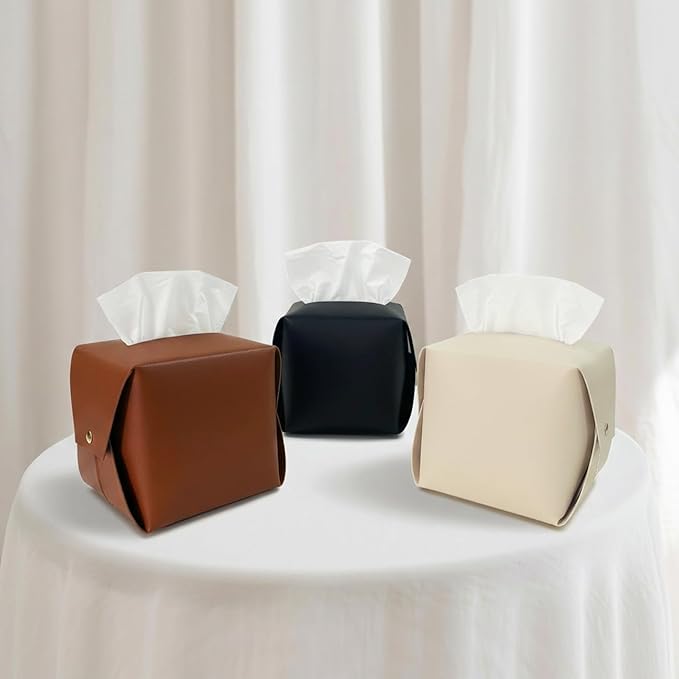 Frayot 2Pack Tissue Box Cover Square, Faux Leather Tissue Holder Organizer with Side Openings for Bathroom, Vanity, Tabletop, Office (Beige)