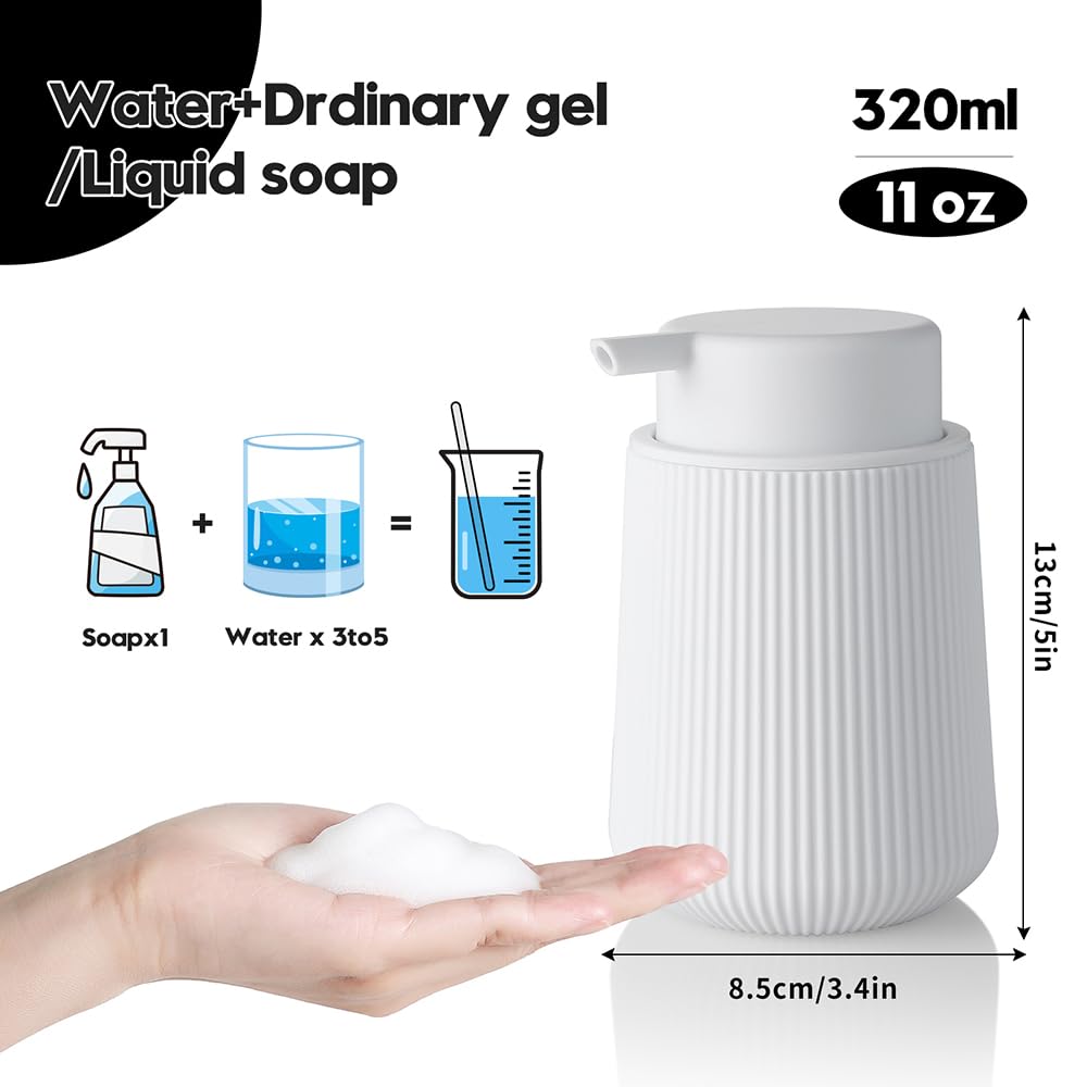 YAUKPH Striped Foaming Hand Soap Dispenser with Leak-Proof Pump for Bathroom and Kitchen Countertop 11oz White