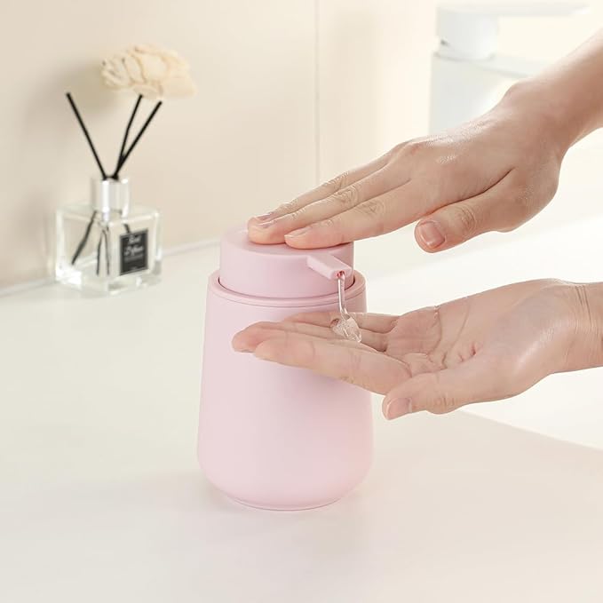 Matte Light Pink Liquid Hand Soap Dispenser Plastic 11 oz - Modern Minimalist Style for Bathroom & Kitchen Countertop Refillable