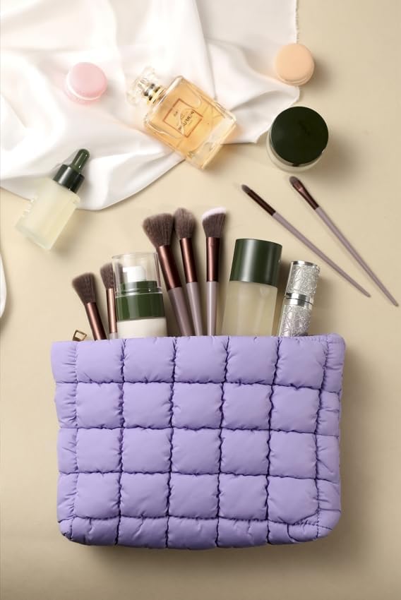 HFLZBRO Puffy Quilted Makeup Bag for Women, Cosmetic Bag, Travel Toiletry Organizer Pouch Clutch (purple)