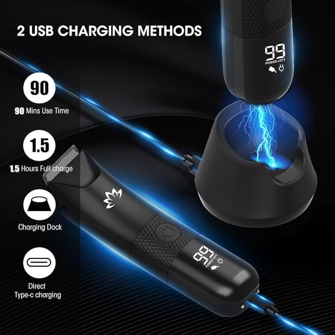 Qreeyx Manscape Trimmer for Men - Electric Body Hair Trimmer with Light, IPX7 Waterproof Electric Razor for Balls/Pubic/Groin/Legs/Chest Hair Removal, Lightweight with LED Display, Gifts for Him Dad