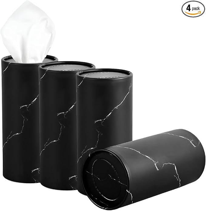 4PCS Car Tissue Holder, Car Cup Holder Convenient Travel Tissue Tube Box with Facial Tissues, Portable Round Tissues Holder Paper Towel Cylinder for Car Home Office (Marble Black)