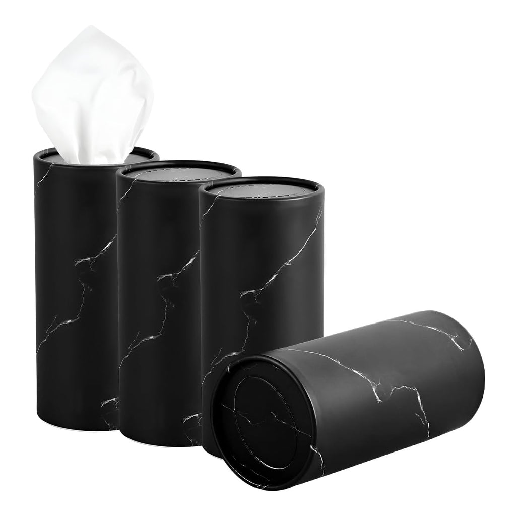 FSTURIOS 4PCS Car Tissue Holder, Car Cup Holder Convenient Travel Tissue Tube Box with Facial Tissues, Portable Round Tissues Holder Paper Towel Cylinder for Car Home Office (Marble Black)