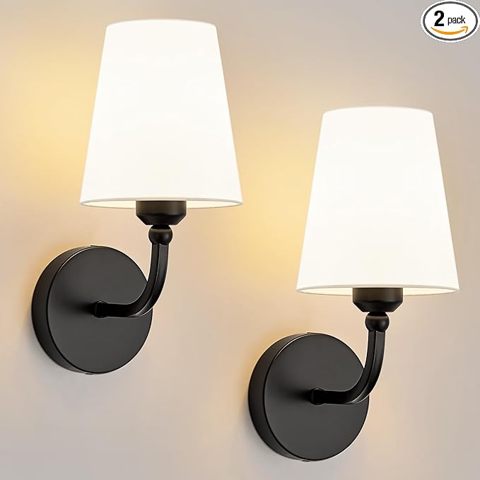 Modern Wall Sconces Set of 2, Hardwired Wall Lights with Flared White Fabric Shade, Matte Black Wall Lamps for Bedroom Bedside Stairway Bathroom Living Room(ETL Listed)
