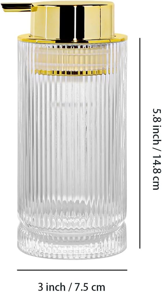 Tonxus 14 Oz Foaming Soap Dispenser, Clear Glass Soap Dispenser, Refillable Foam Pump Bottle Lotion Container with Gold Pump, Decorative Slim Ribbed Bottle for Bathroom and Kitchen Decor