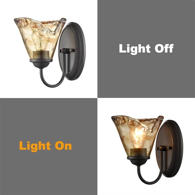 DANSEER Rustic Finish Wall Sconce Vintage Vanity Light with Amber Glow Glass Shade for Bathroom Living Room Hallway Staircase Set of 2