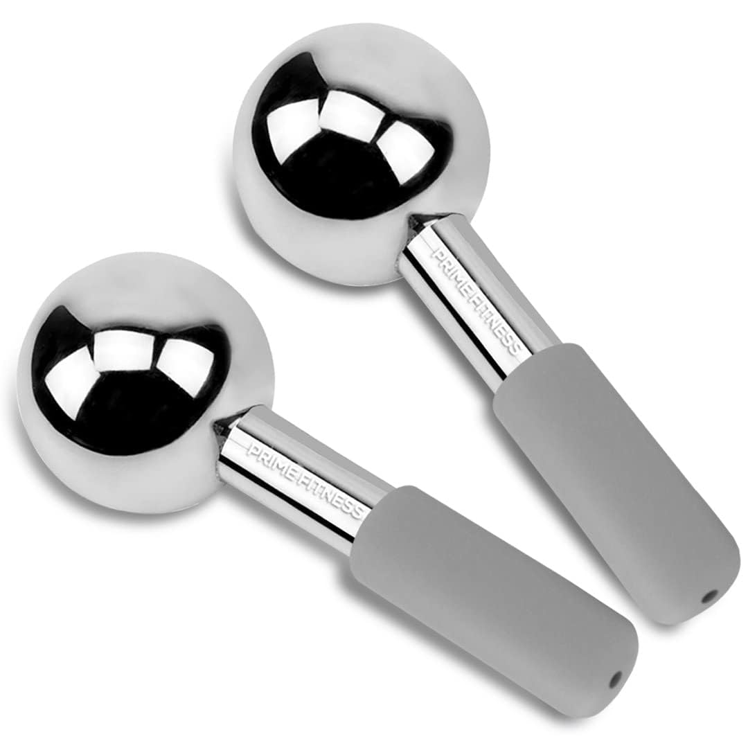 PRIME Fitness Ice Globes for Facials | Unbreakable Steel Cooling Roller | Cryo Sticks for Face | Massager for Face Neck & Eyes | Skin Care for Dark Circles, Puffiness, Wrinkles, (Silver)