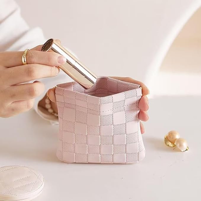 honitty Mini Travel Makeup Bag,Portable Popper Organizer, Checkered Storage Bag, Ladies Lipstick Pouch, Large Capacity Wallet, Jewelry Small Objects Storage Organizer