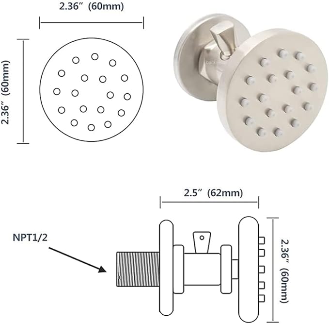(Upgrade) Backnets Solid Brass Shower Body Spray with On Off Round Massage body jets Wall Mount Spa Jet Shower Heads, 2 inch Shower Body Sprayers Brushed Nickel, Rotating Shower Jet Water Flow Control