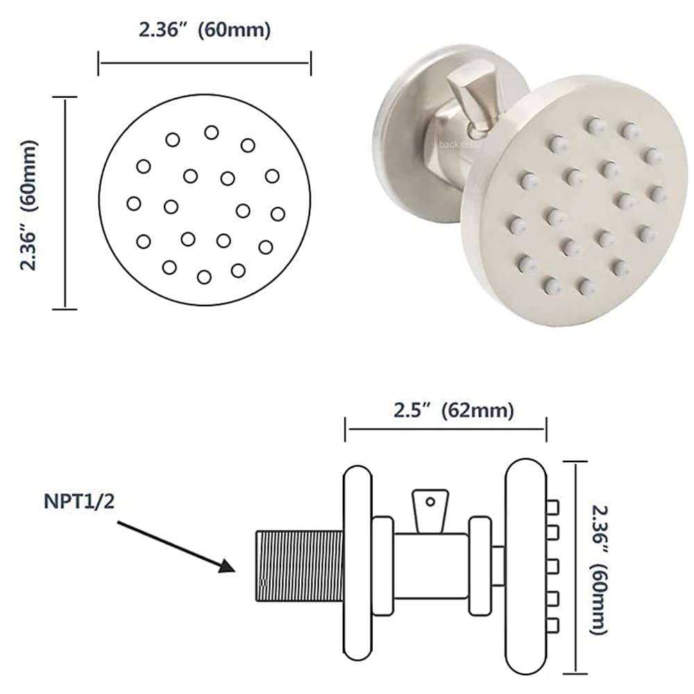 Backnets Brass Shower Body Jets with Adjustable Flow, Massage Spa Brushed Nickel Round Body Spray Shower Side Wall Sprayer Head Jets, 4 pcs, Water Saving