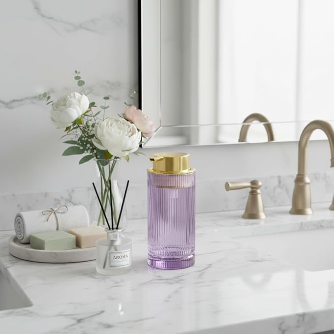 Tonxus Foaming Soap Dispenser, 14 Oz Glass Foam Hand Soap Dispenser with Gold Pump, Purple Bathroom Refillable Liquid Lotion Pump Container Ribbed Bottle for Kitchen Countertop Decor
