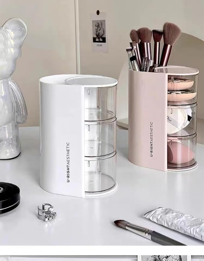 gugululu 3-Layer Clear Hair Accessories Organizer with Hair Brushes Holder, Rotatable Storage Box Desktop Organizer Case for Makeup Brushes, Cotton Swab, Beauty Sponge, Powder Puff (Pink)