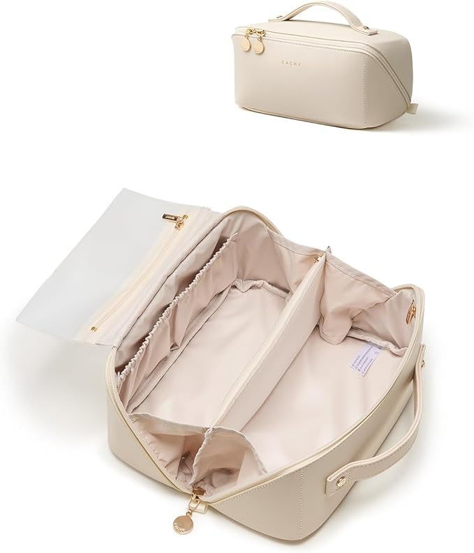 EACHY Travel Makeup Bag, 2.0 Cosmetic Bag for Women, Waterproof PU Leather,Flat Open Portable Toiletry Bag for Skincare, Brushes & Travel Essentials