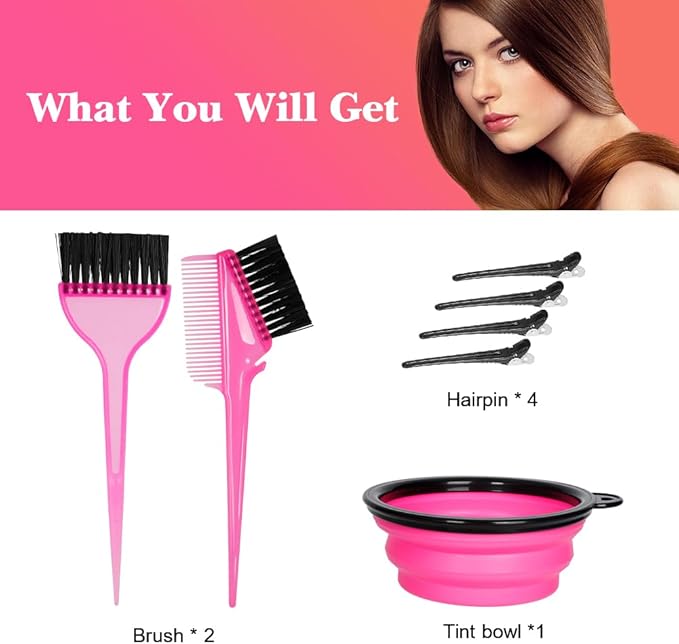 MOONMINI Hair Dye Color Brush and Bowl Set, Color Bowl Brushes Tool Mixing Bowl Kit Tint Comb for Hair Tint Dying Coloring Applicator (Pink&Black)