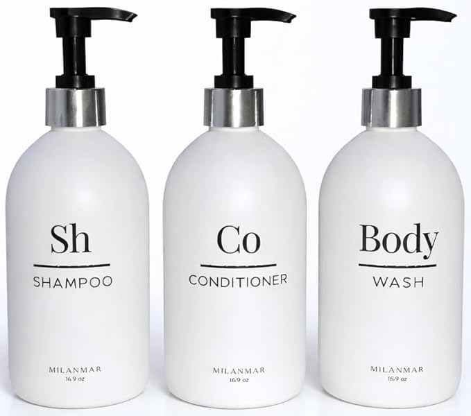 Milanmar Shampoo & Conditioner Shower Dispenser Set, Pearl White - Empty Matte Plastic Bottles, 16.9 oz Pump Containers, Luxury Bathroom Decor, 3 Pack for Spa, Airbnb [White-Silver]