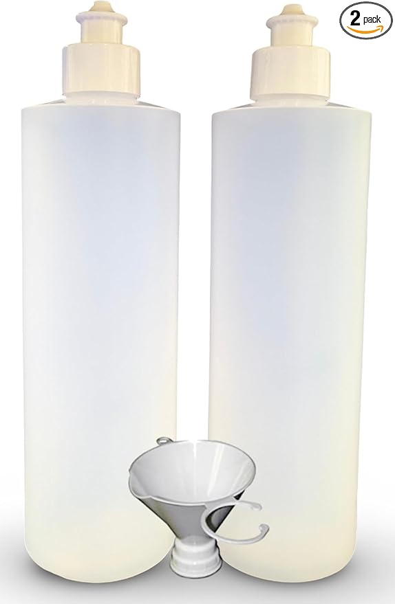 2 Pack Refillable 16 Ounce HDPE Squeeze Bottles With Push/Pull Button Top Dispenser Caps-Great For Lotions, Shampoos, Conditioners and Massage Oils-Includes our patented thread-on funnel