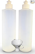 2 Pack Refillable 16 Ounce HDPE Squeeze Bottles With Push/Pull Button Top Dispenser Caps-Great For Lotions, Shampoos, Conditioners and Massage Oils-Includes our patented thread-on funnel