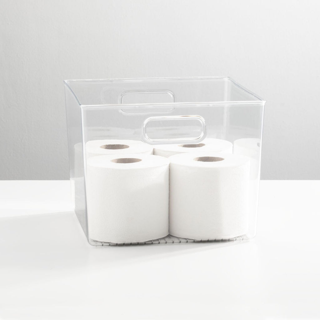 mDesign Plastic Modern Storage Organizer Bin Basket with Handles for Bathroom Organization - Shelf, Cubby, Cabinet, Vanity, and Closet Organizing Decor - Ligne Collection - Clear