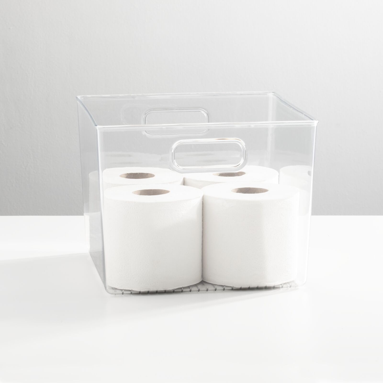 mDesign Plastic Modern Storage Organizer Bin Basket with Handles for Bathroom Organization - Shelf, Cubby, Cabinet, Vanity, and Closet Organizing Decor - Ligne Collection - Clear