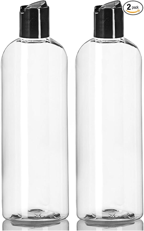 ljdeals 16 oz Clear Plastic Empty Bottles with Black Disc Top Caps, Squeezable Refillable Containers for Shampoo, Lotions, Cream and more Pack of 2, BPA Free, Made in USA