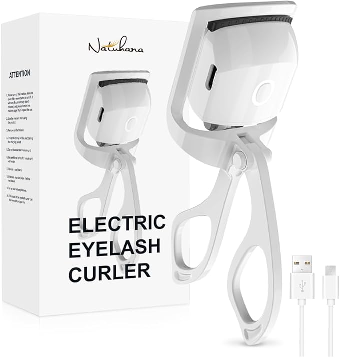 NATUHANA Heated Eyelash Curler with USB,Fast Heat up & 24H Long-Lasting,Rechargeable Electric Lash Curlers,Temperature Control,Safe Anti-Burn Quick Natural Curling Eye Lashes,White