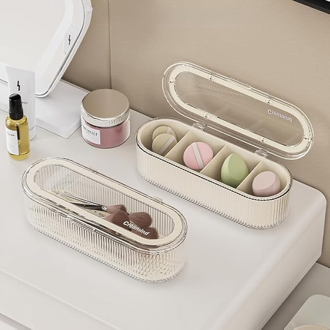 Makeup Brush Holder Organizer, Clear Acrylic Makeup Sponges Organizer, Cosmetic Storage Case with Lid, Display Case for Vanity