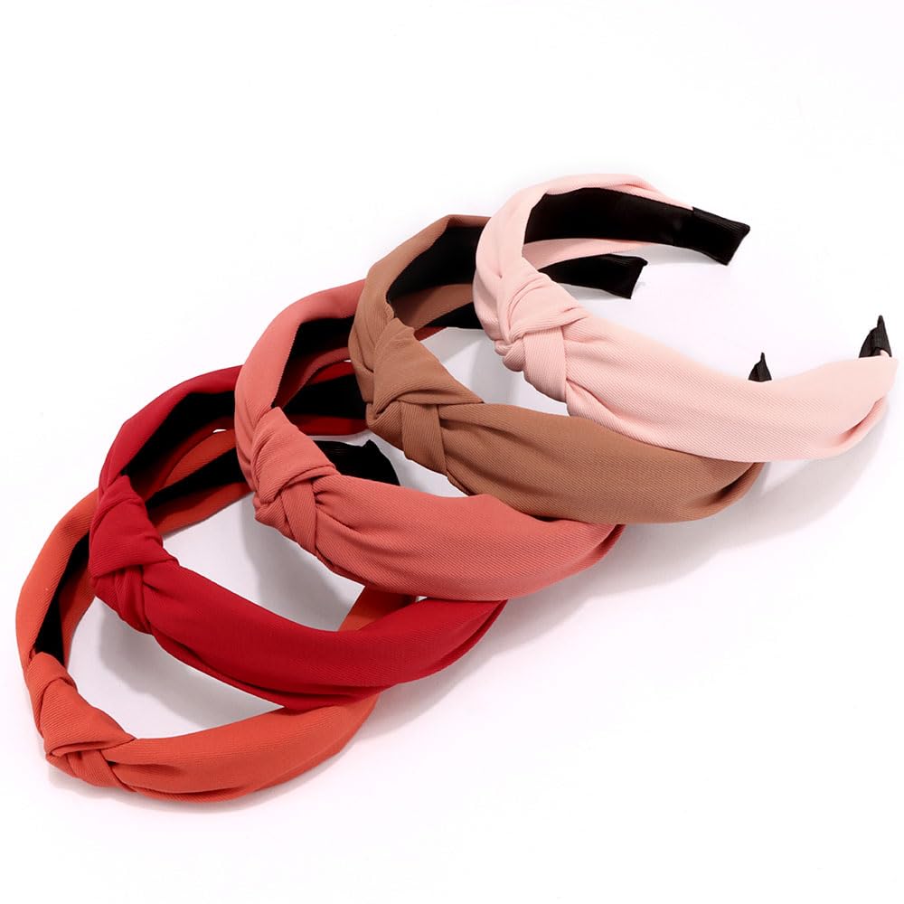 AHONEY 5 Pack Red Knotted Headbands for Women Girls Trendy Fashion Thick Headbands Top Knot Non Slip Cute Hair Accessories Headband Pack Diademas Para Mujer