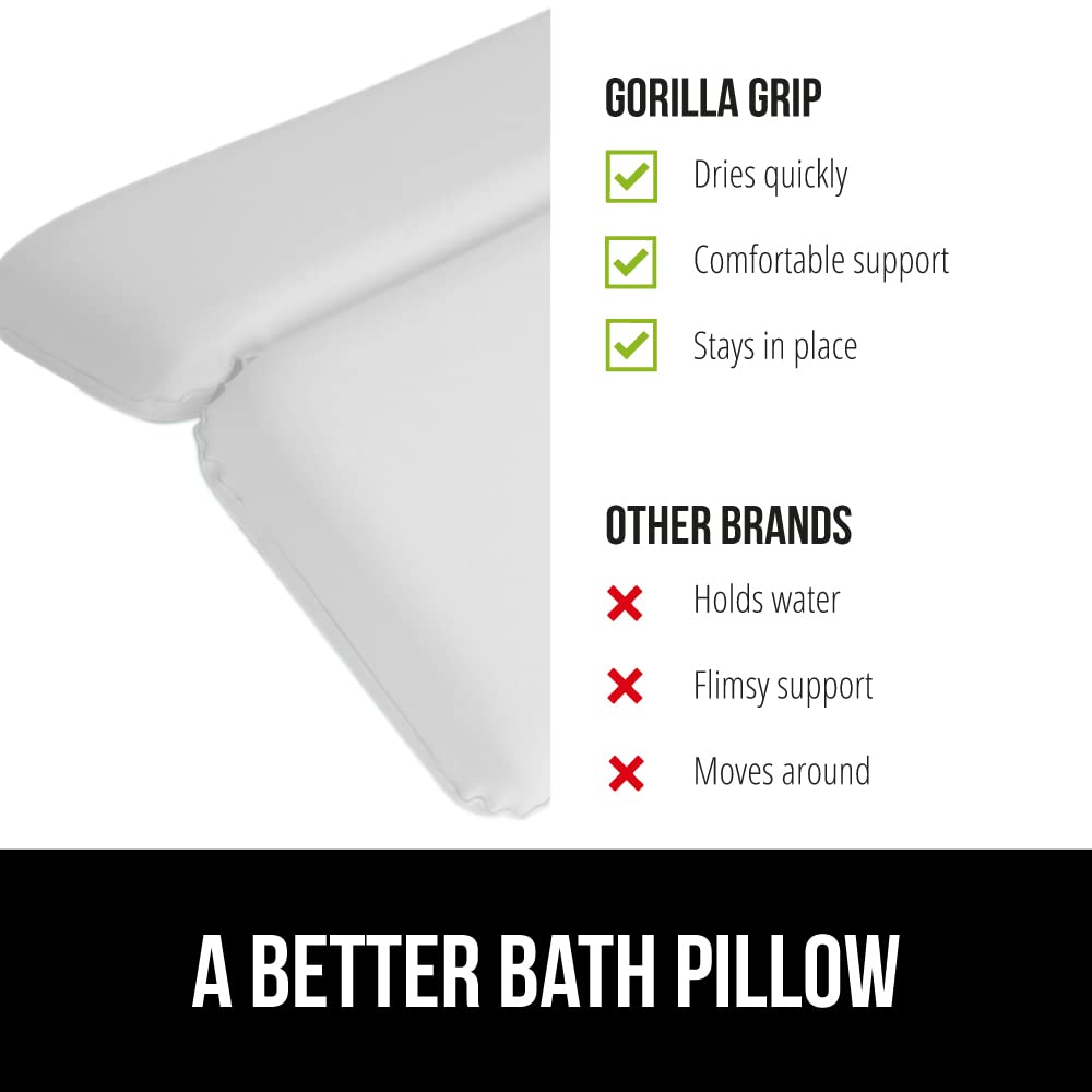 GORILLA GRIP Bath Pillow for Tub, Strong Suction Cups, Luxury Bathtub Pillows, Headrest Neck and Back Support, Relaxing Hot Tub and Home Spa Accessories, Bathroom Essentials, Gifts for Women, White