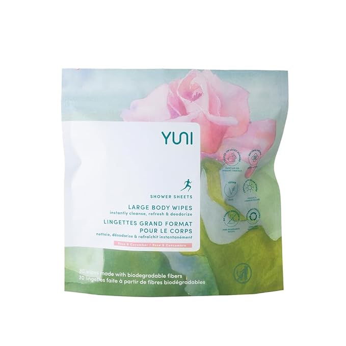 YUNI Beauty Large Body Wipes (Rose Cucumber, 12 Count) Soft Moist Showerless Wipe, Cleanse & Deodorize Waterless Travel Body Cleanser, Biodegradable Individually Wrapped Body Wipe for Camping or Gym