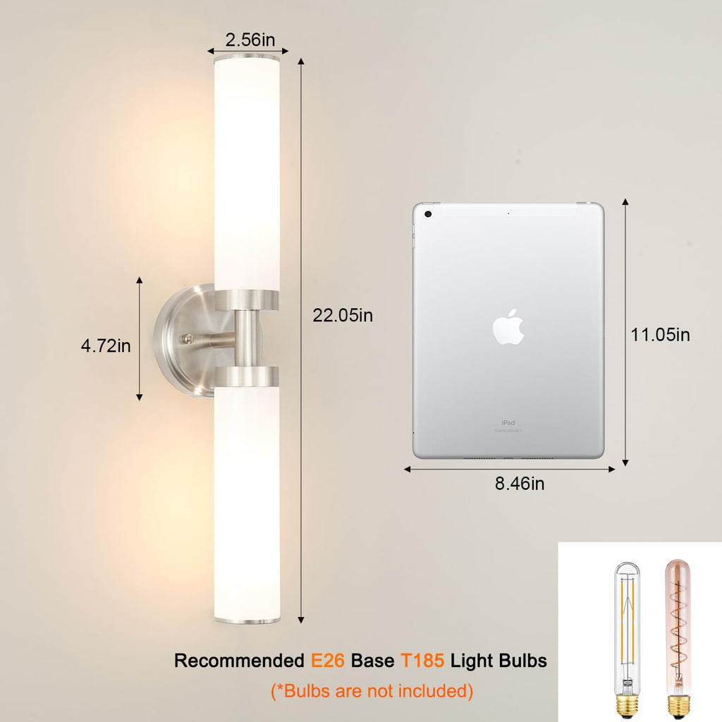 OIYIO Brushed Nickel Wall Sconces Set of 2, Modern Bathroom Vanity Lights for Mirror, Wall Light Fixtures with Milk Glass for Bathroom, Bedroom, Hallway, E26 Base, Bulbs Required, 22.05 Inch
