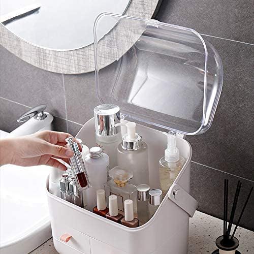 LINFIDITE Cosmetic Storage Box with Lid Makeup Organizer Box with Dust Free Cover Portable Handle,Large Makeup Display Case with Drawers Fully Open Lid,Great for Dresser Bathroom Countertop