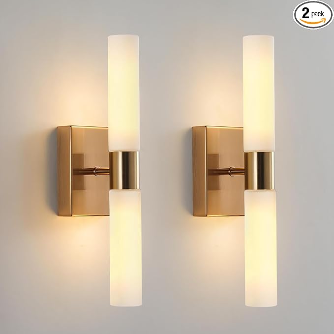 Modern Wall Sconces, Set of 2 Brushed Brass Gold, Frosted Glass Shade, Indoor Wall Mounted Lights, Bathroom Sconces, 36 cm, for Bedroom Wall Lamp