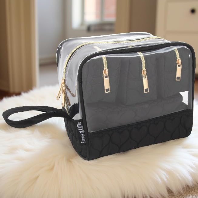 Emma & Chloe Travel Toiletry Bags for Women, 5 Piece Waterproof Cosmetic Case, Bag, Pouch Makeup Organizer Set for Women, Home Counters (Quilted Black Hearts)