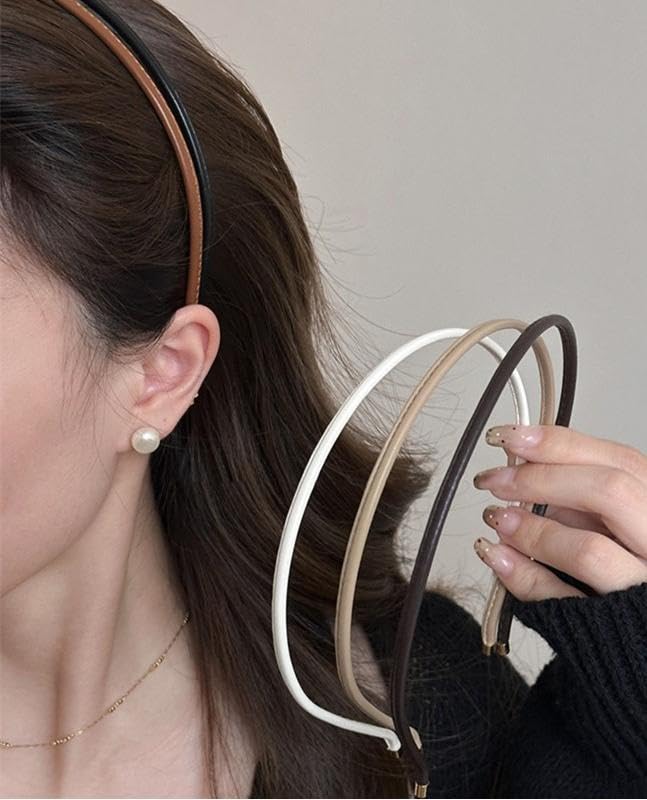 WOVOWOVO 5Pcs Thin Leather Headbands for Women Fashion Hair Bands for Women's Hair Non Slip Black Brown Skinny Headbands Cute Accessories for Women