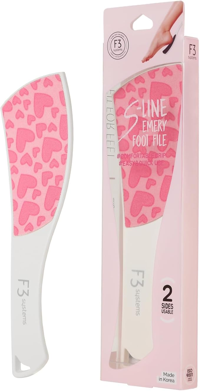 F3 Systems S-Line Emery Foot File(Pink Heart), Colossal Double-Sided Pedicure Tool, Effective for Cracked Heel, Ergonomic Design for Easy Grip