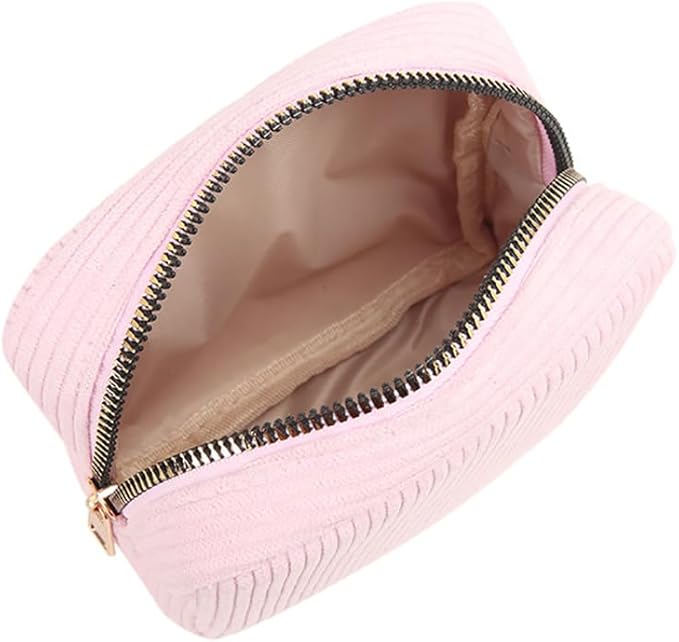 GSHLLO Small Corduroy Makeup Bag Fabric Make Up Pouch Mini Plain Color Cosmetic Bag Pocket Size Toiletry Pouch Sanitary Napkin Storage Bag Portable Versatile Zipper Pouch Pink