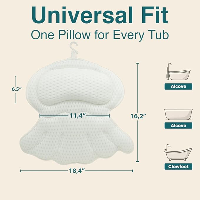 Bath Pillows for Tub, Bath Pillow Luxury Bathtub Pillows for Head and Neck Support - With 4D Air Mesh Fabric & Strong 6 Suction Cups, Tub Pillow For Bathtub, Bath Accessories & Spa Gifts For Women Men