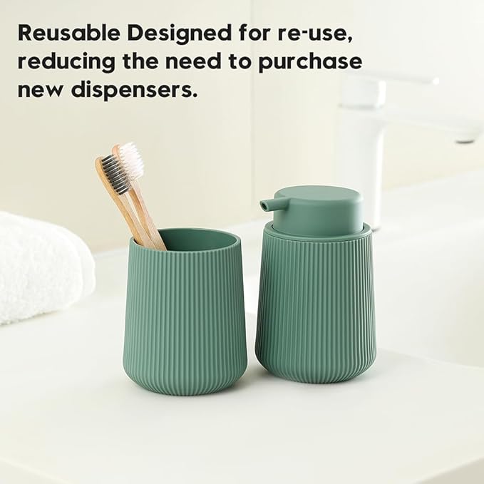 YAUKPH Striped Liquid Hand Soap Dispenser with Leak-Proof Pump for Bathroom and Kitchen Countertop 11oz Sage Green