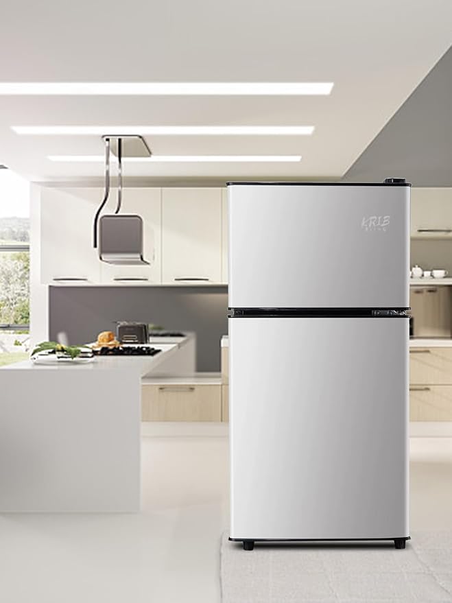 KRIB BLING Mini Fridge, 3.5 Cu.Ft Compact Refrigerator Small Refrigerator 7 Level Adjustable Thermostat Removable Shelves with Stainless Steel 2 door for Office Dorm Apartment Silver