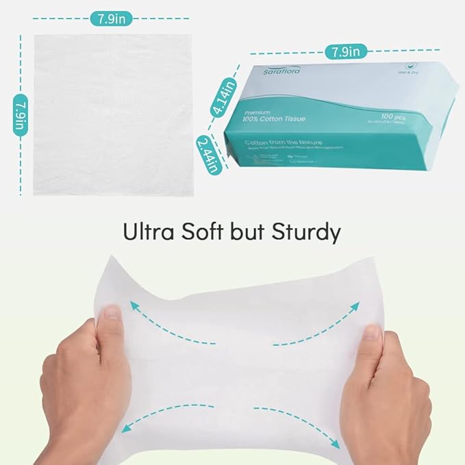 Saraflora 100% Cotton Facial Tissue Soft Dry Wipe 6 Pack, Use for Sensitive Skin Disposable Face Towel Extra Thick Dry and Wet Use Disposable Cotton Tissues for Washing Face Makeup Wipes（600 Count ）
