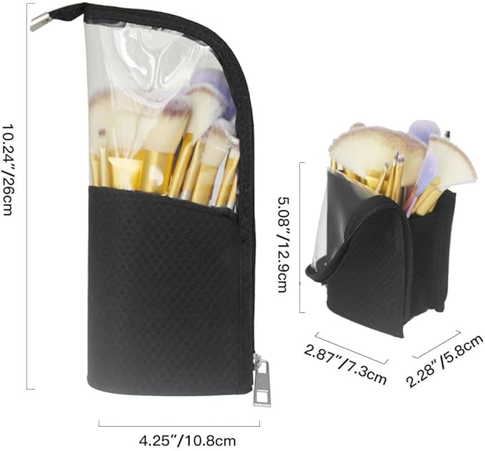 ANEMEL Black Travel Makeup Brush Holder 2-Pack, Organizer Bag Clear Plastic Cosmetic Zipper Pouch Portable Waterproof Dust-Free Stand-Up Small Toiletry Stationery Bag with Divider