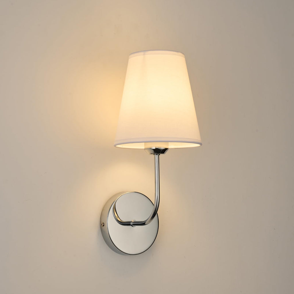 LEECOORA Modern Hardwired Wall Sconces, Set of 2 in Chrome with White Fabric Shades,Farmhouse Light, Living Room, Hallway, Bathroom, Vanity, or Staircase. Sleek, Versatile Lighting