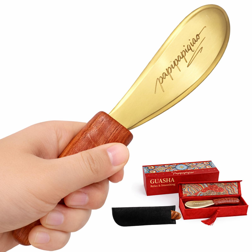 Papipapiqiao Copper Brass Gua Sha Muscle Scraper Tool with Wooden Handle – H62 Brass IASTM Soft Tissue Massage Tool for Fascia Release & Scar Tissue Relief – Deep Tissue Scraping Tool for Back & Body