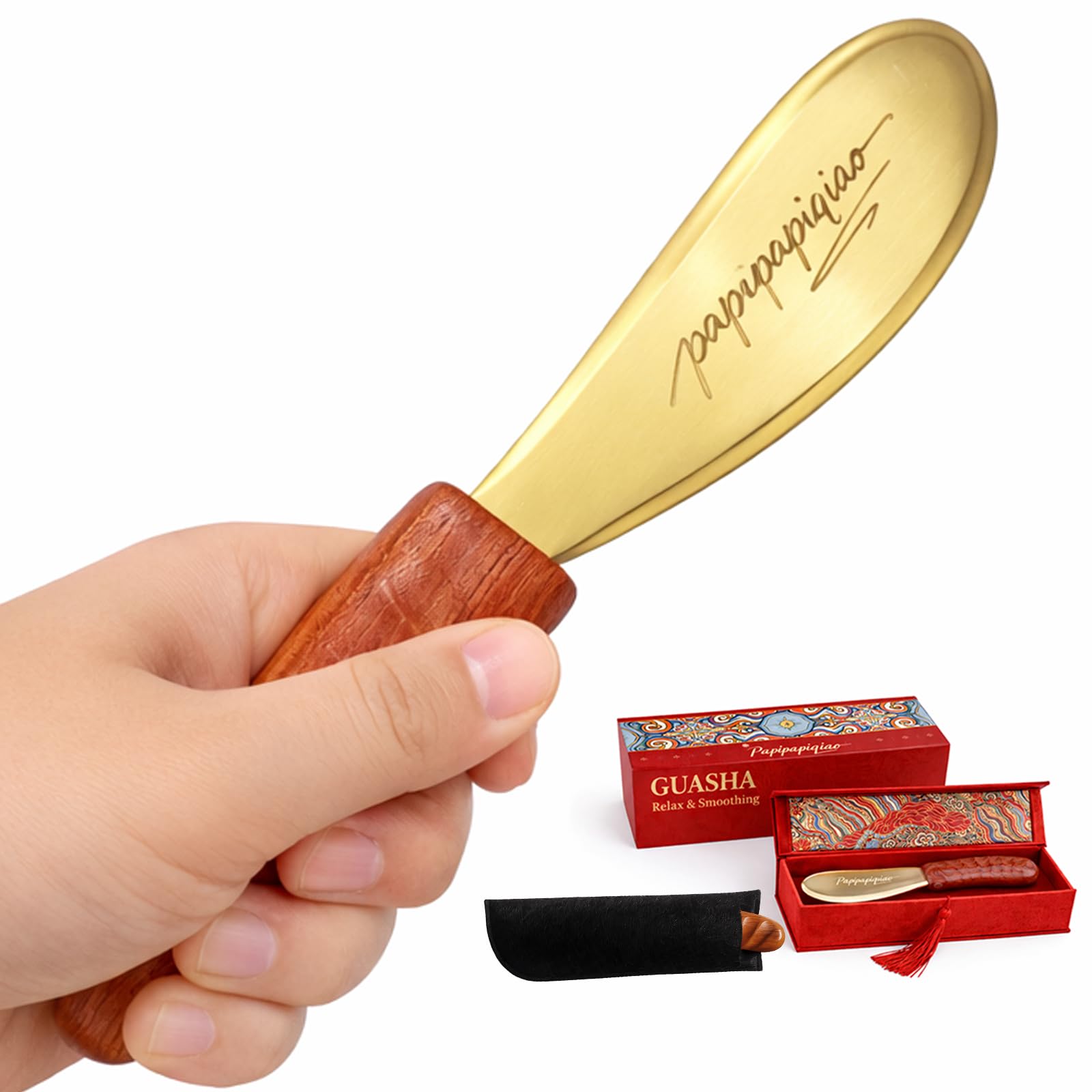 Papipapiqiao Copper Brass Gua Sha Muscle Scraper Tool with Wooden Handle – H62 Brass IASTM Soft Tissue Massage Tool for Fascia Release & Scar Tissue Relief – Deep Tissue Scraping Tool for Back & Body