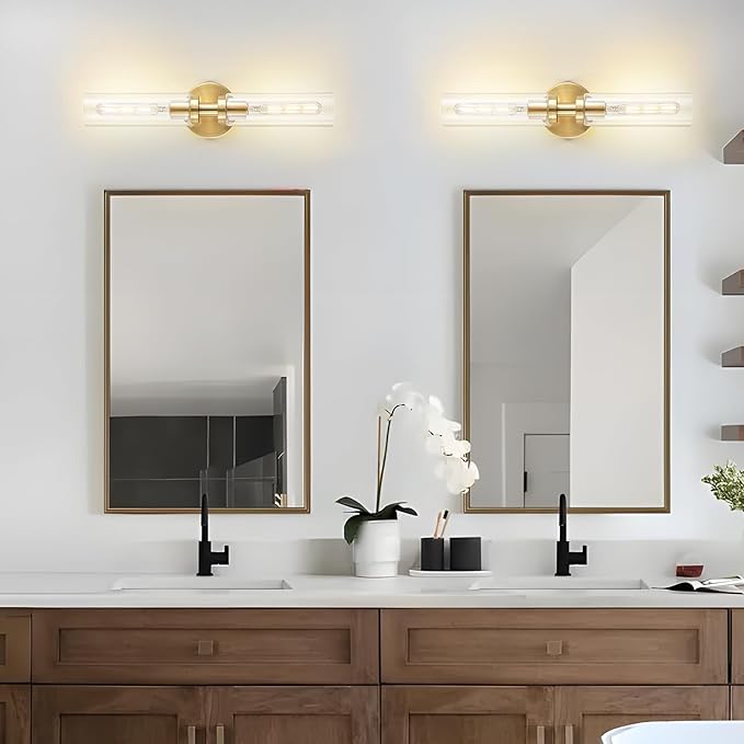 2-Light Brushed Brass Gold Bathroom Light Fixtures Over Mirror Modern Vanity Light Wall Lighting with Clear Glass Shade for Bathroom, Bedroom, Hallway, Cabinet