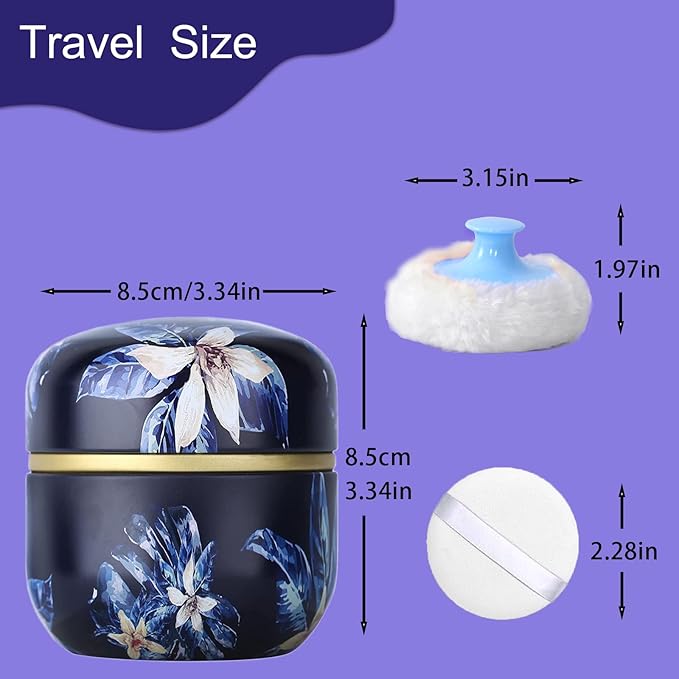 SHIMIDO Body Powder Puff and Container, 3.15" Portable Empty Body Powder Container for Baby Women's Loose Dusting Powder, Powder Case Box with Lids for Bath, Travel and Home Use (Dark Night)