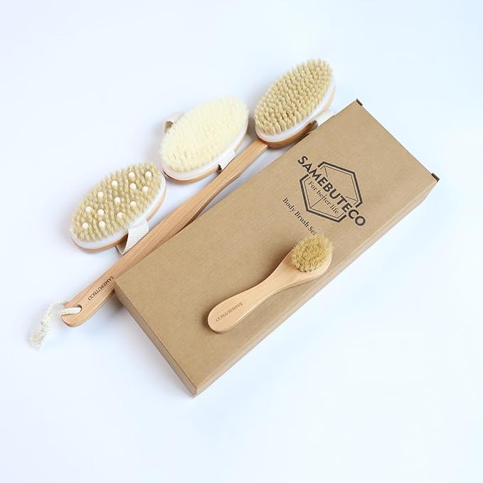 SAMEBUTECO 4-in-1 Wood Dry Brush Set with Long Handle, Boar Bristle