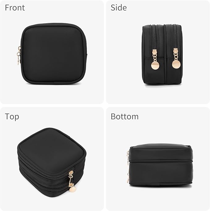 XIAOLER Small Makeup Pouch, Double Zipper Cosmetic Bag, Travel Makeup Bag, Cute Makeup Bag for Purse, Mini Toiletry Bag (Black)