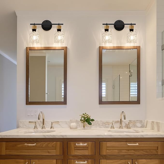 Bathroom Light Fixtures, 2-Light Coastal Vanity Lights with Crystal Glass Shade, Black Bathroom Wall Lamp for Mirror Kitchen Hallway Cabinet