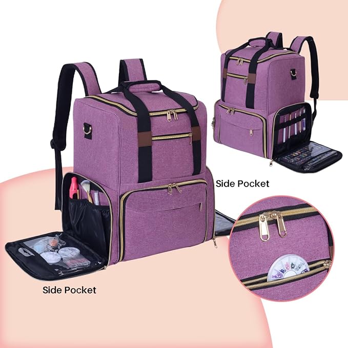 Nail Polish Organizer Backpack Holds 80 Bottles and a Nail Lamp Supplies with 2 Removable Cases Storage Bag Professional Travel Case for Manicurist (Purple)